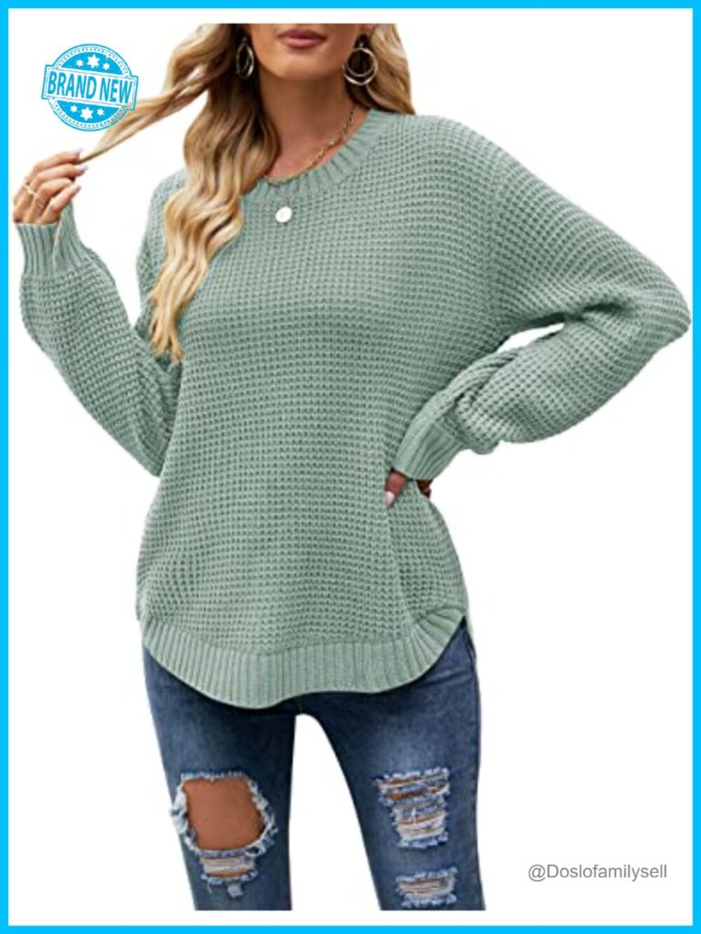 Waffle Knit Oversized Sweater Pullover Crew Neck Lantern Sleeve